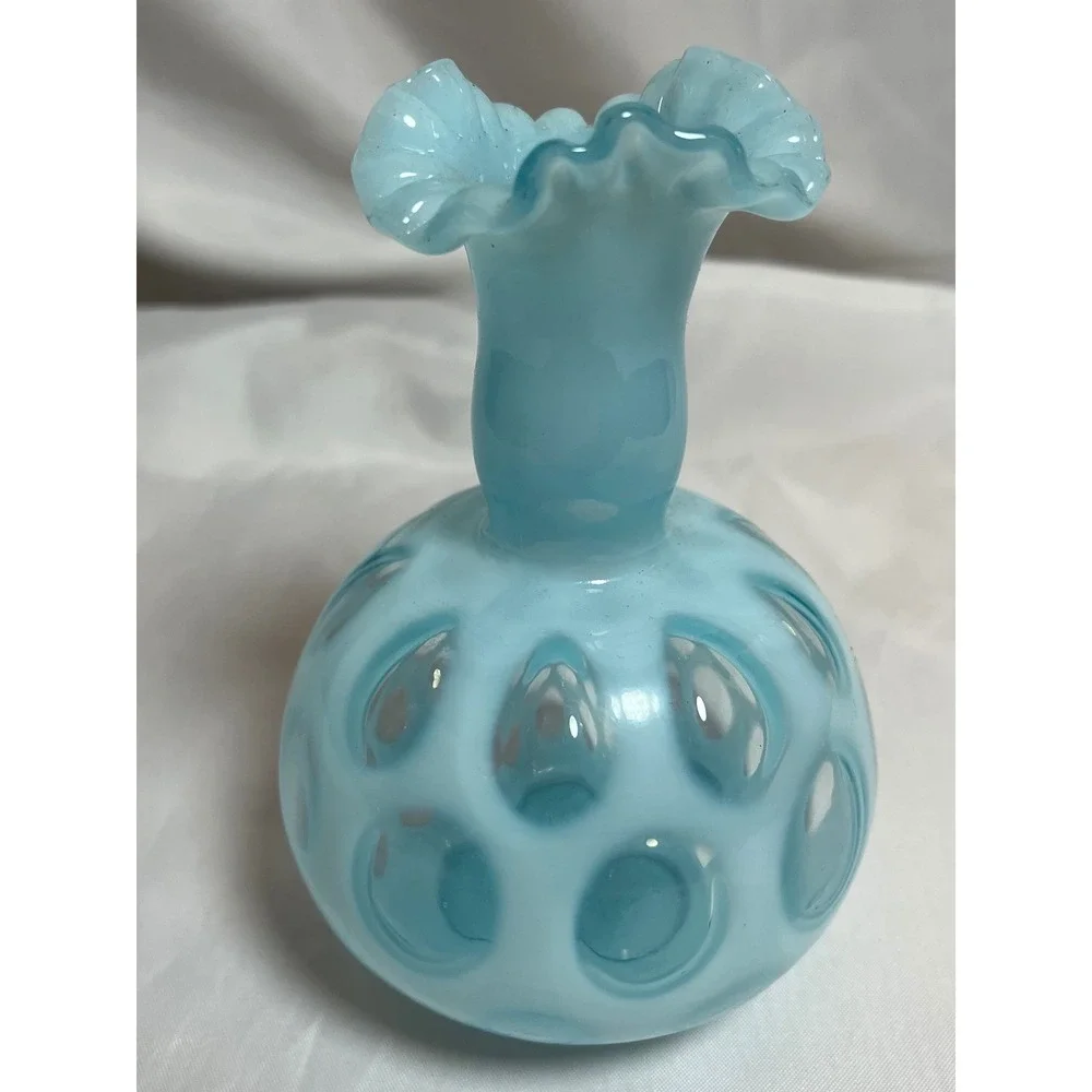 Vintage Blue Opalescent Glass Thumbprint Ruffled Rim Bud Vase Coin Dot 4.5 inch